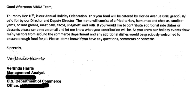 Internal email at the Minority Business Development Agency (MBDA) regarding the agency’s 2015 Holiday Party (obtained by Gizmodo via FOIA request)